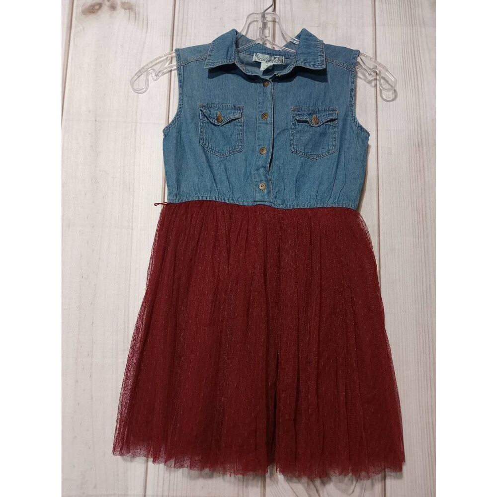 Knitwork Dress Girls 7 Chambray Tulle Maroon
